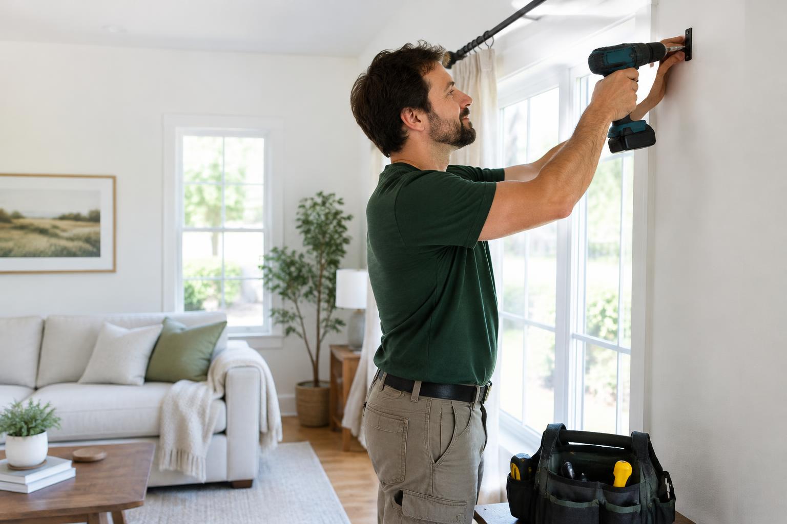 Illustrative handyman installing a curtain rod in a bright living room