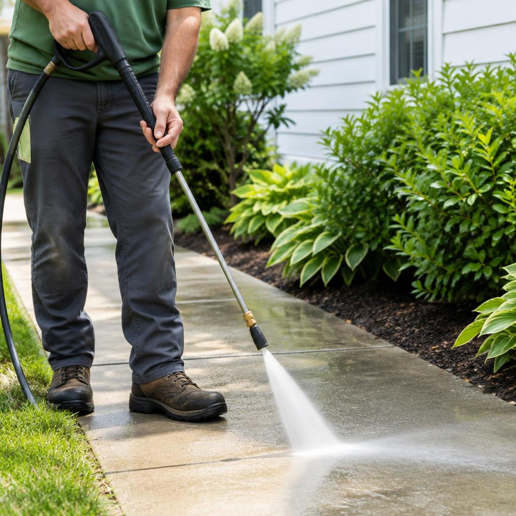 Illustrative pressure washing of a concrete walkway